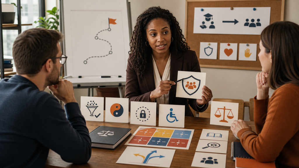 Three adult volunteers reviewing abstract AI-risk, fairness, privacy, and accessibility cards without sensitive examples or demographic profiling.