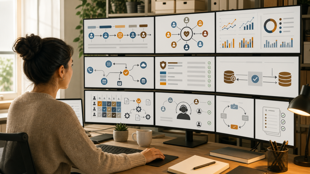 An adult volunteer reviewing an abstract CRM configuration and permission map without customer data, credentials, or production records.