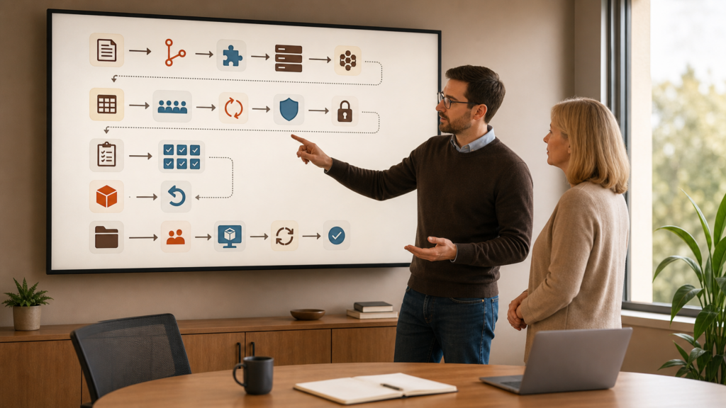 An adult volunteer designing an abstract CRM automation and integration flow without code, credentials, or production data.