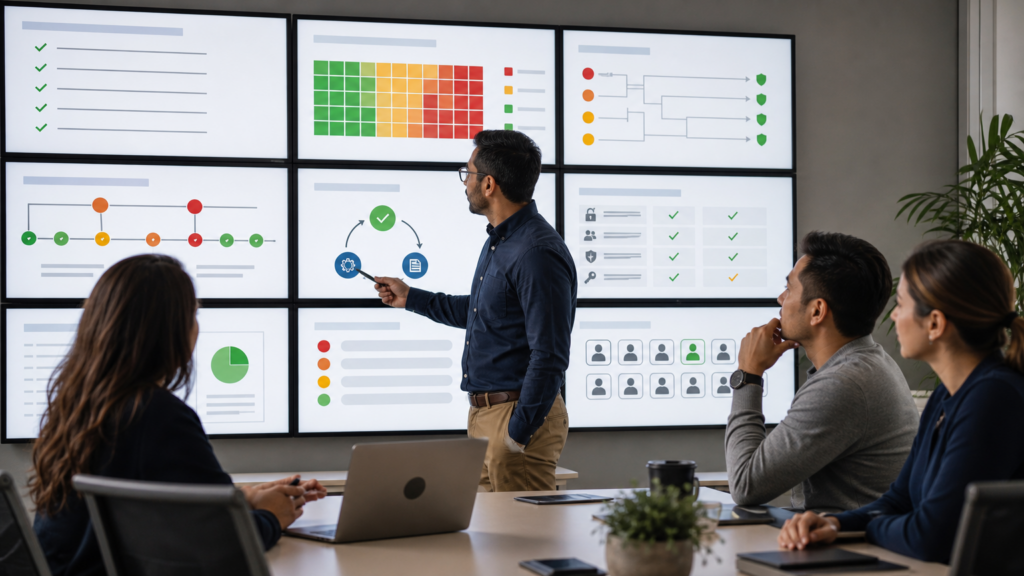 An adult volunteer reviewing abstract risk indicators and a prioritized security checklist without threat imagery, credentials, or production data.
