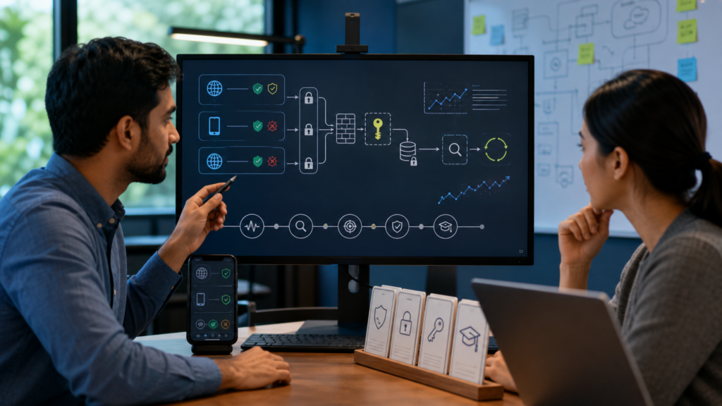 An adult volunteer designing abstract protective system boundaries and safe service connections without code, credentials, or hacker imagery.