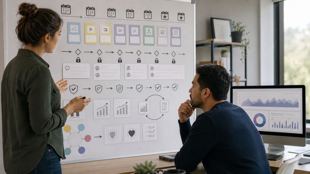 An adult volunteer planning responsible social content with an abstract calendar and asset cards without active posting or audience data.