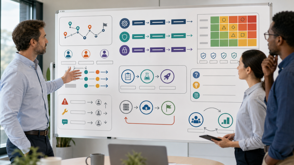 An adult volunteer coordinating abstract technical milestones, risks, and safeguards without code, credentials, or production data.