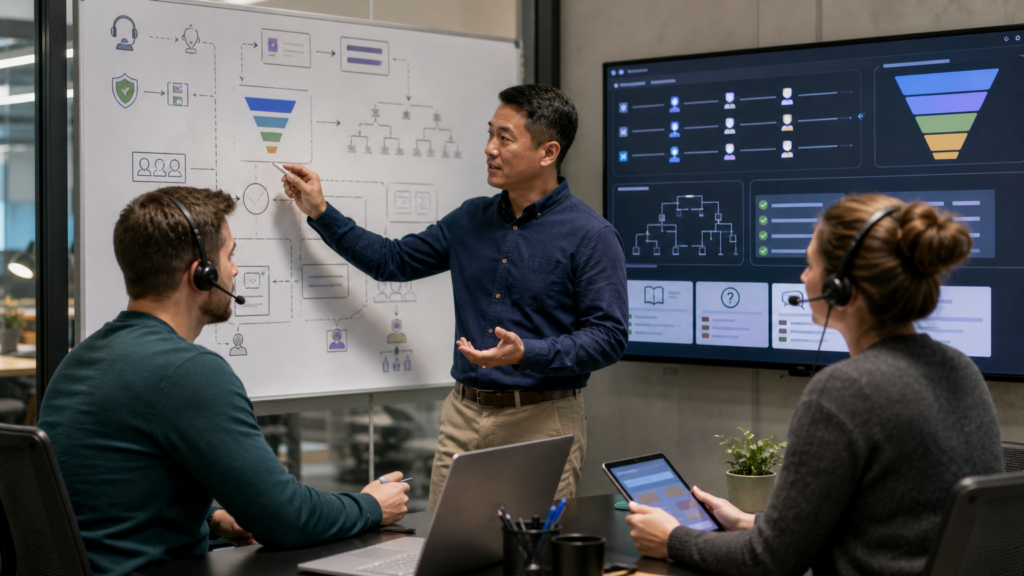 Two adult volunteers reviewing an abstract support queue and knowledge workflow without customer identities, tickets, or account data.