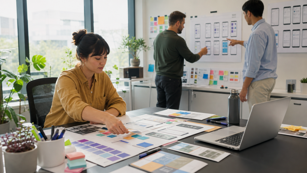 An adult volunteer arranging accessible interface components and color states without readable text or student information.