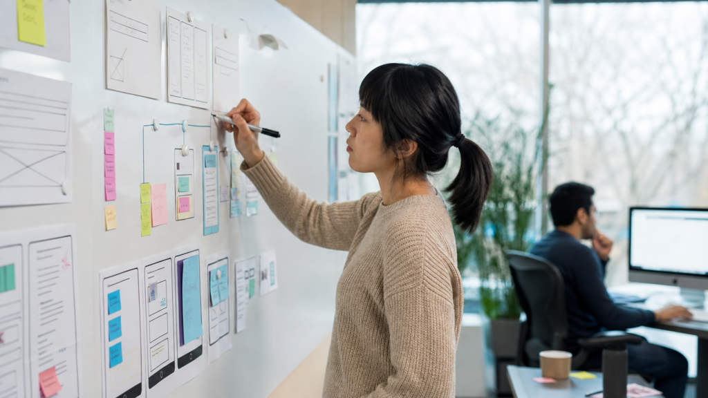 An adult volunteer mapping an accessible learning journey with abstract wireframes and interaction cards without readable text or student data.