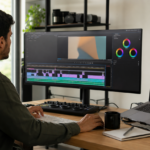 An adult volunteer editing educational video with an abstract timeline and color controls without readable footage, student images, or copyrighted media.