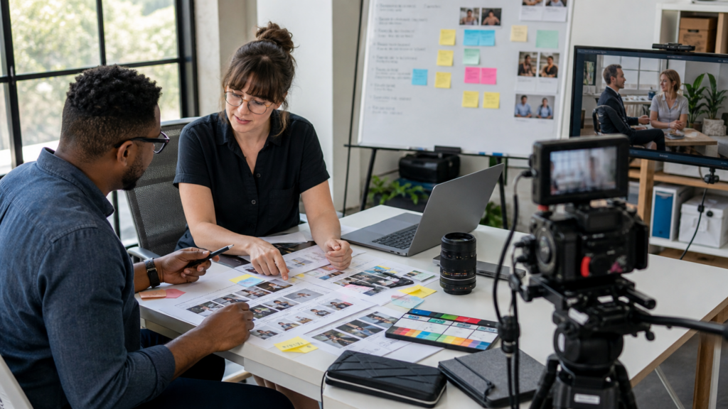 Two adult volunteers planning an educational video production with abstract shot cards and consent-aware adult-only imagery.