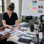Two adult volunteers planning an educational video production with abstract shot cards and consent-aware adult-only imagery.