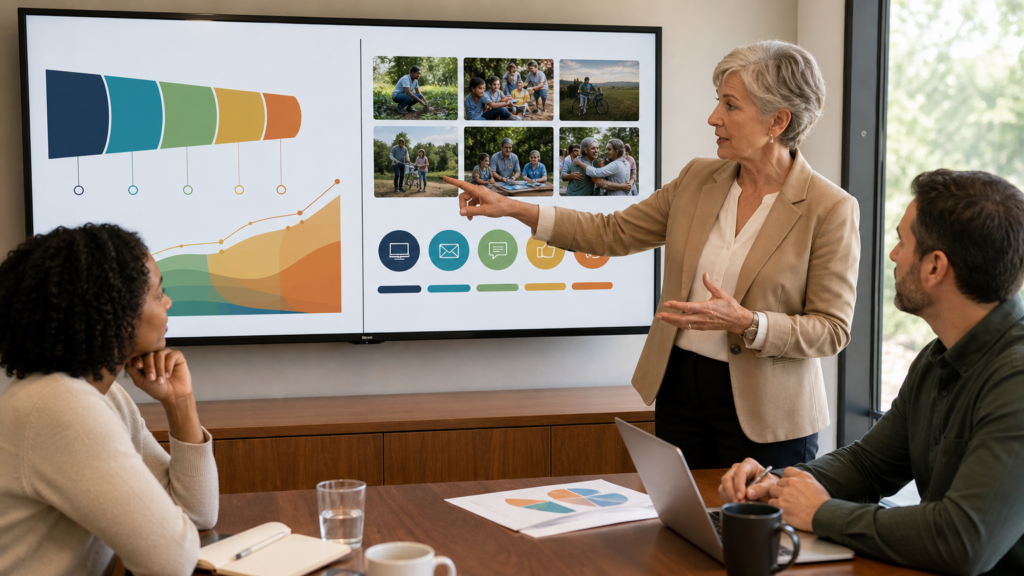 Three adult volunteers leading a strategic nonprofit development and marketing review using abstract goals without donor or audience data.