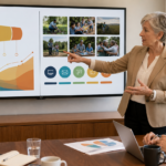 Three adult volunteers leading a strategic nonprofit development and marketing review using abstract goals without donor or audience data.