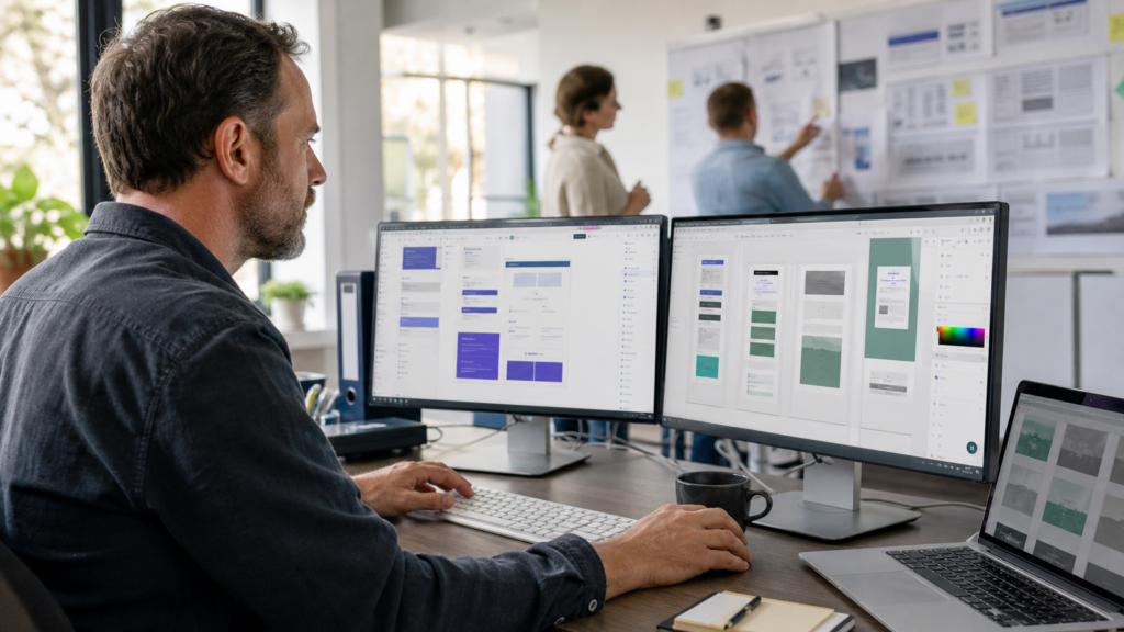 An adult volunteer designing an accessible responsive website with abstract components without vendor logos, readable text, or private data.