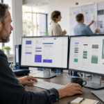An adult volunteer designing an accessible responsive website with abstract components without vendor logos, readable text, or private data.