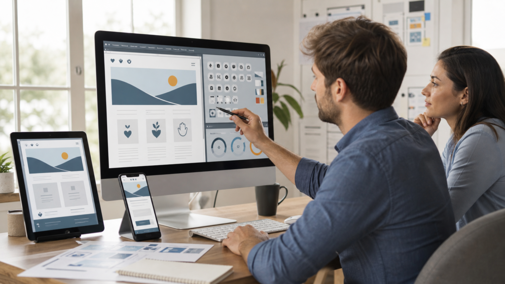 An adult volunteer designing an accessible responsive website layout with abstract components without WordPress logos, readable copy, or private data.
