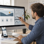 An adult volunteer designing an accessible responsive website layout with abstract components without WordPress logos, readable copy, or private data.