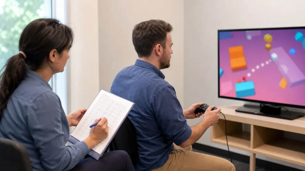 Game and UX Researcher volunteer observing an abstract educational game usability session without participant identities, recordings, or readable content.