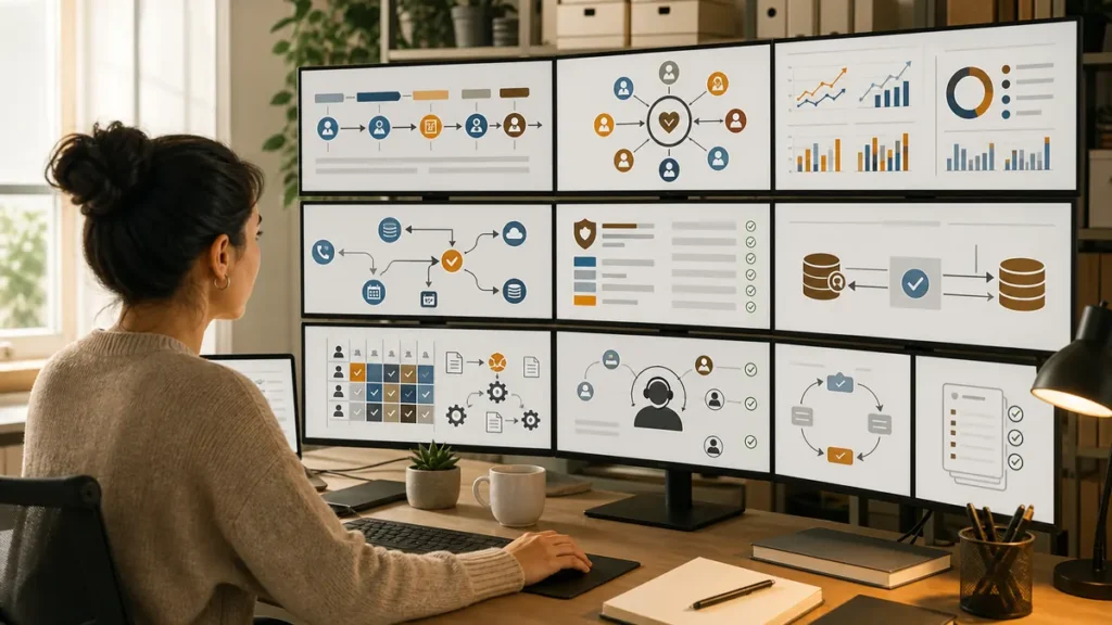 Salesforce Administrator volunteer reviewing an abstract CRM configuration and permission map without customer data, credentials, or production records.