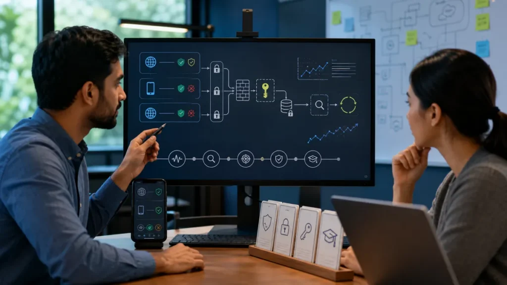 Security Engineer volunteer designing abstract protective system boundaries and safe service connections without code, credentials, or hacker imagery.