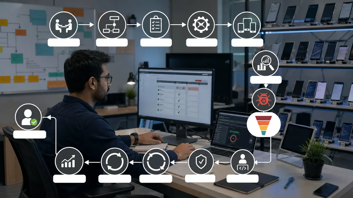 Test Engineer volunteer reviewing abstract software test results and device checks without code, credentials, or production data.
