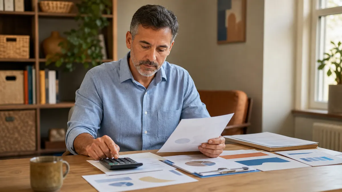 Bookkeeper volunteer reconciling an abstract nonprofit budget at a tidy workstation, using unlabeled charts, calculator, and organized financial worksheets with no readable amounts or private data.