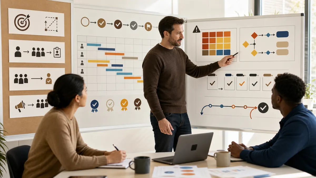 Project Manager volunteer coordinating an abstract project timeline, risks, and dependencies without readable names or private information.