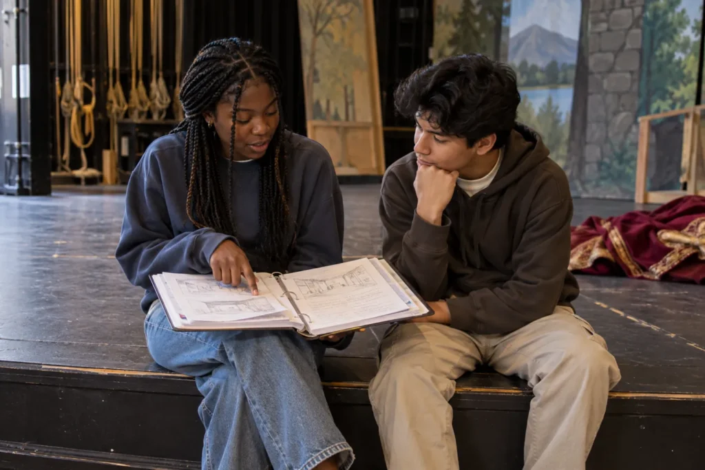 Two students review theater project notes to develop activity list examples