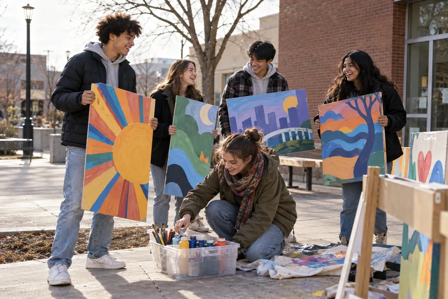 Happy young volunteers share artwork outside a public community center