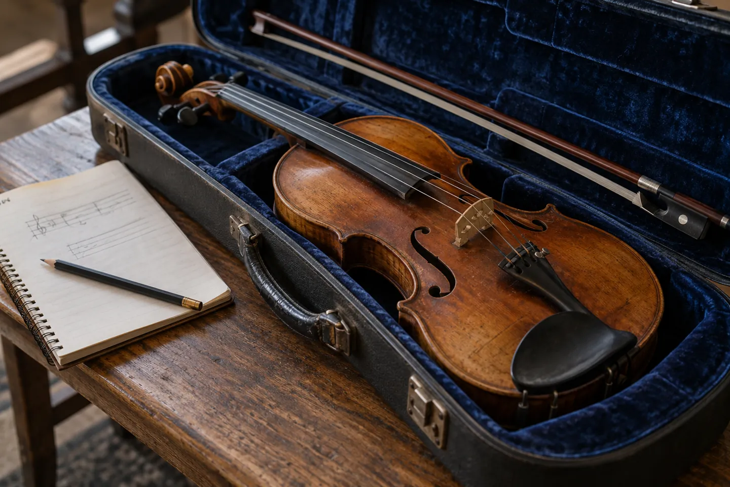 Violin, bow, and practice notebook showing a student's music hobby without people