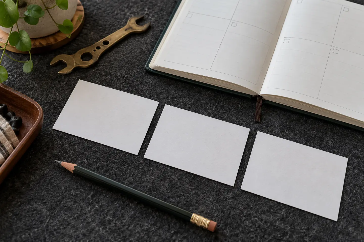 Additional information section reflection cards beside a calendar pencil and small repair wrench