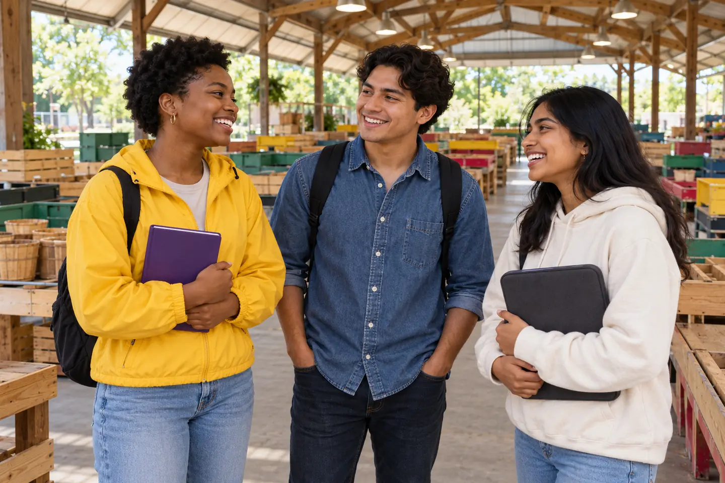 Three happy young friends discussing responsible AI use at a public market pavilion