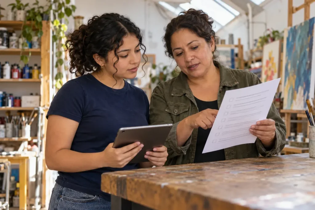 Student and aunt reviewing an AI college essay privacy checklist in an arts studio