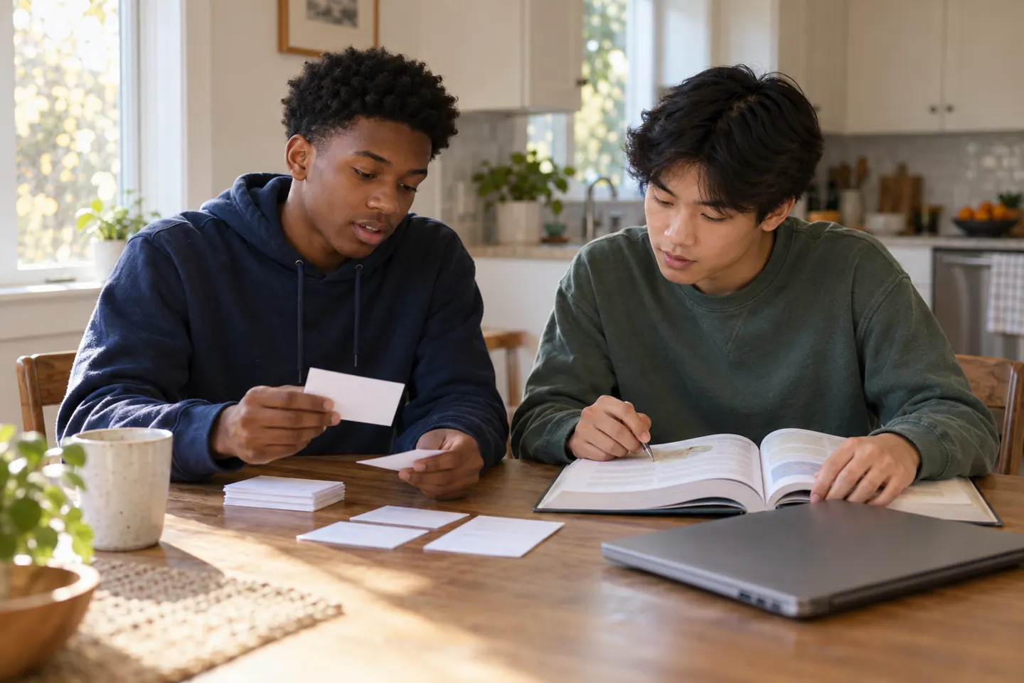 Two students practicing with flashcards and checking a textbook after AI study help
