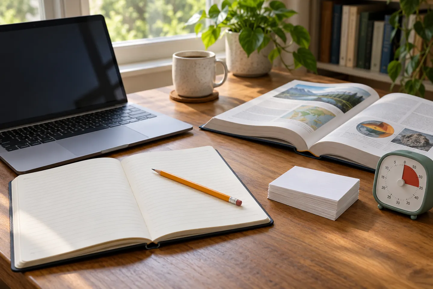 Laptop, notebook, flashcards and timer for an AI study buddy action plan