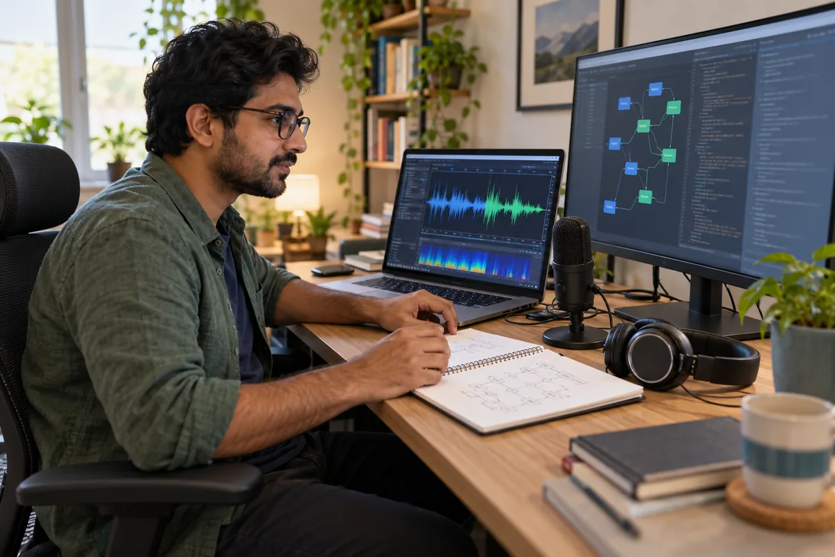 LLM engineer testing audio waveforms and realtime AI retrieval