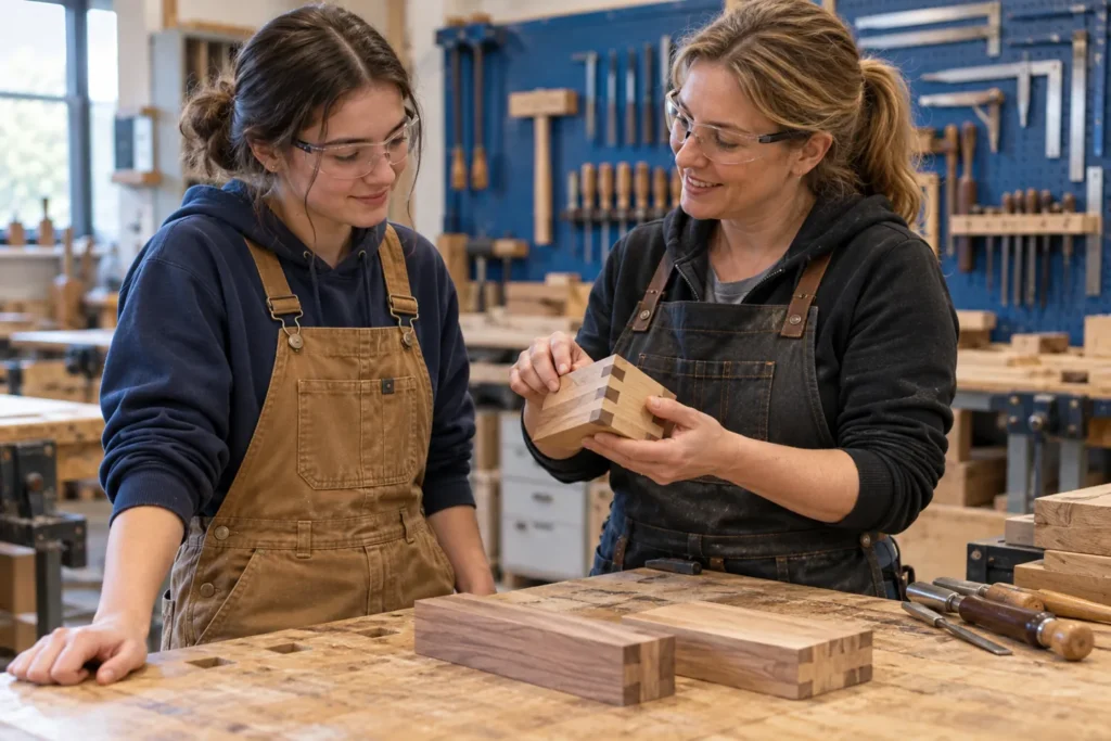 Student and carpentry instructor review a joint sample for an apprenticeship program comparison