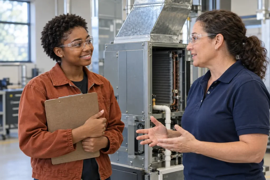 Young adult and instructor discussing apprenticeship questions to ask beside an HVAC training unit