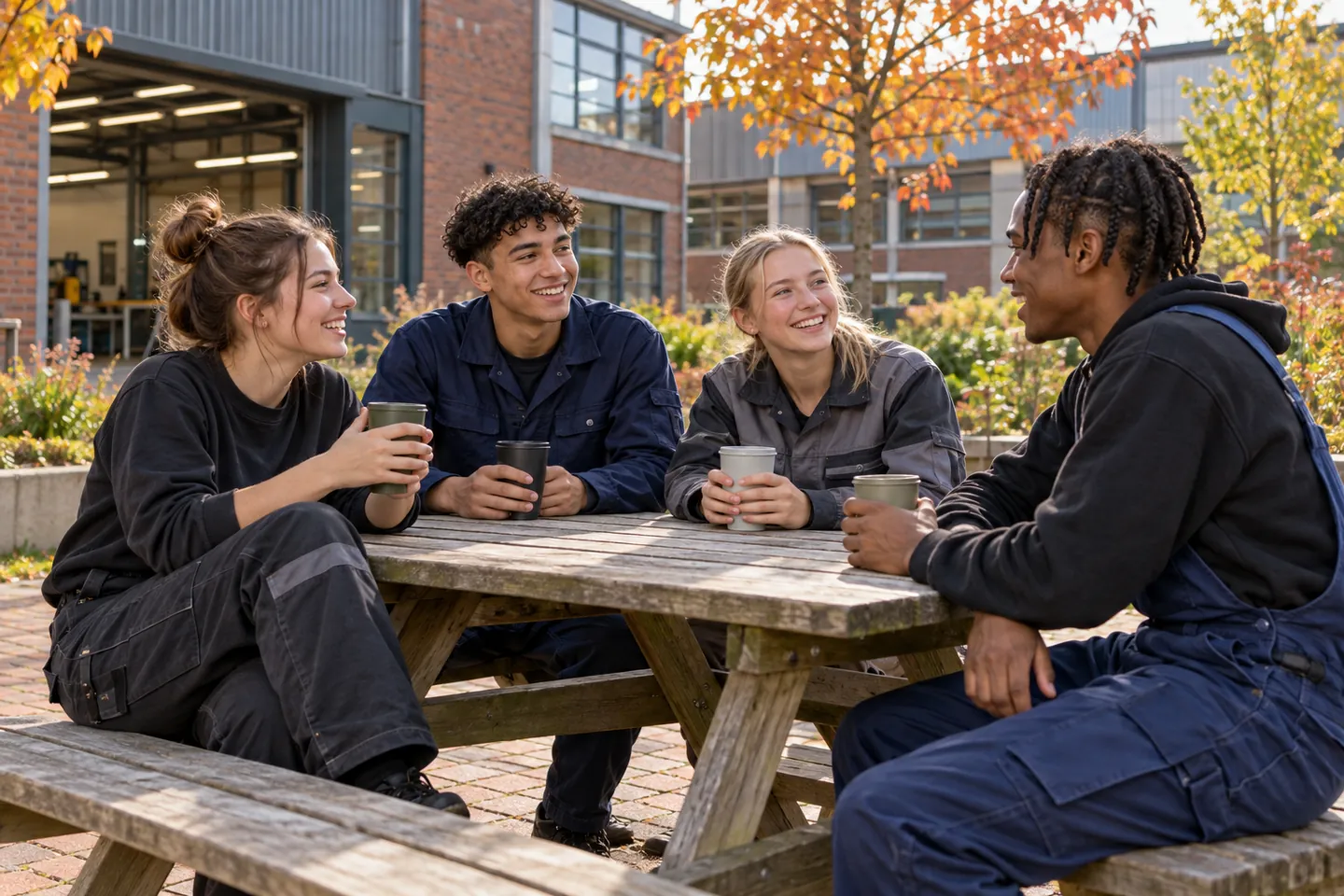 Happy young apprentices share a break outdoors on a public vocational training campus