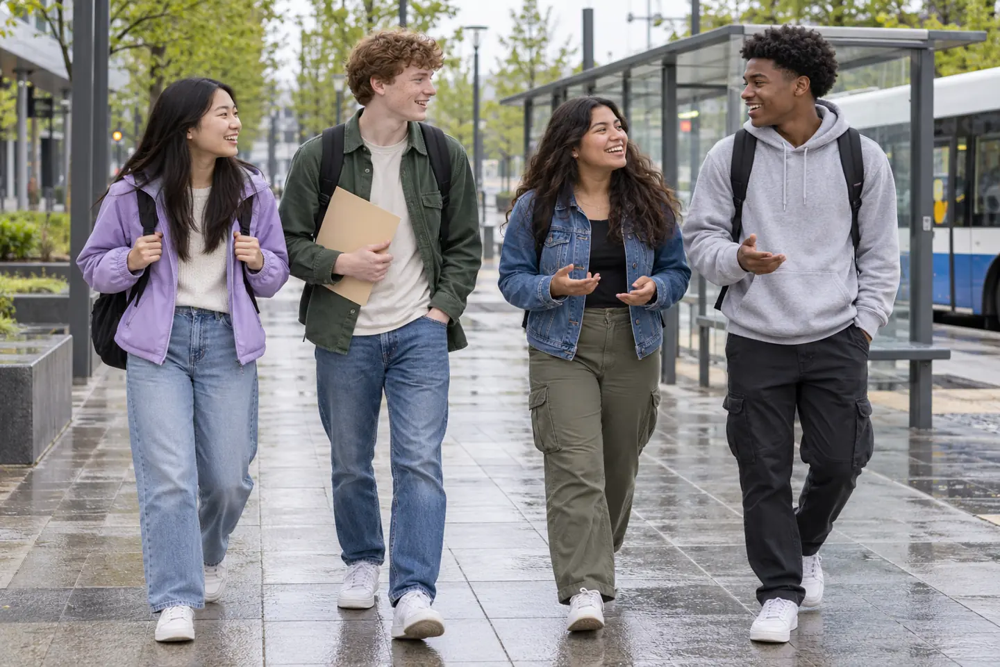 Four happy young people walking through a public transit plaza after a training information visit