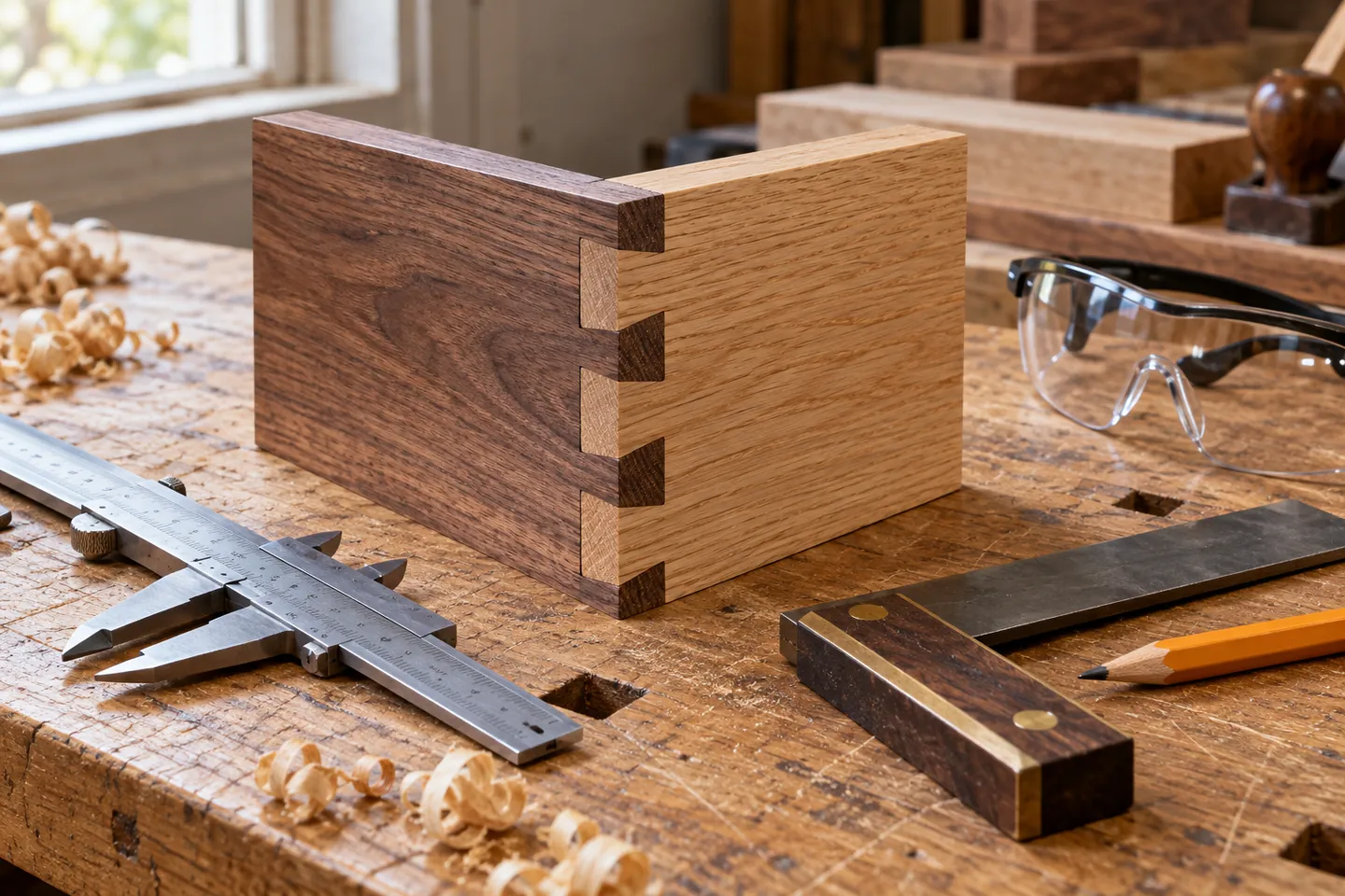 Wooden joint, measuring tools, and safety glasses illustrate an apprenticeship program comparison