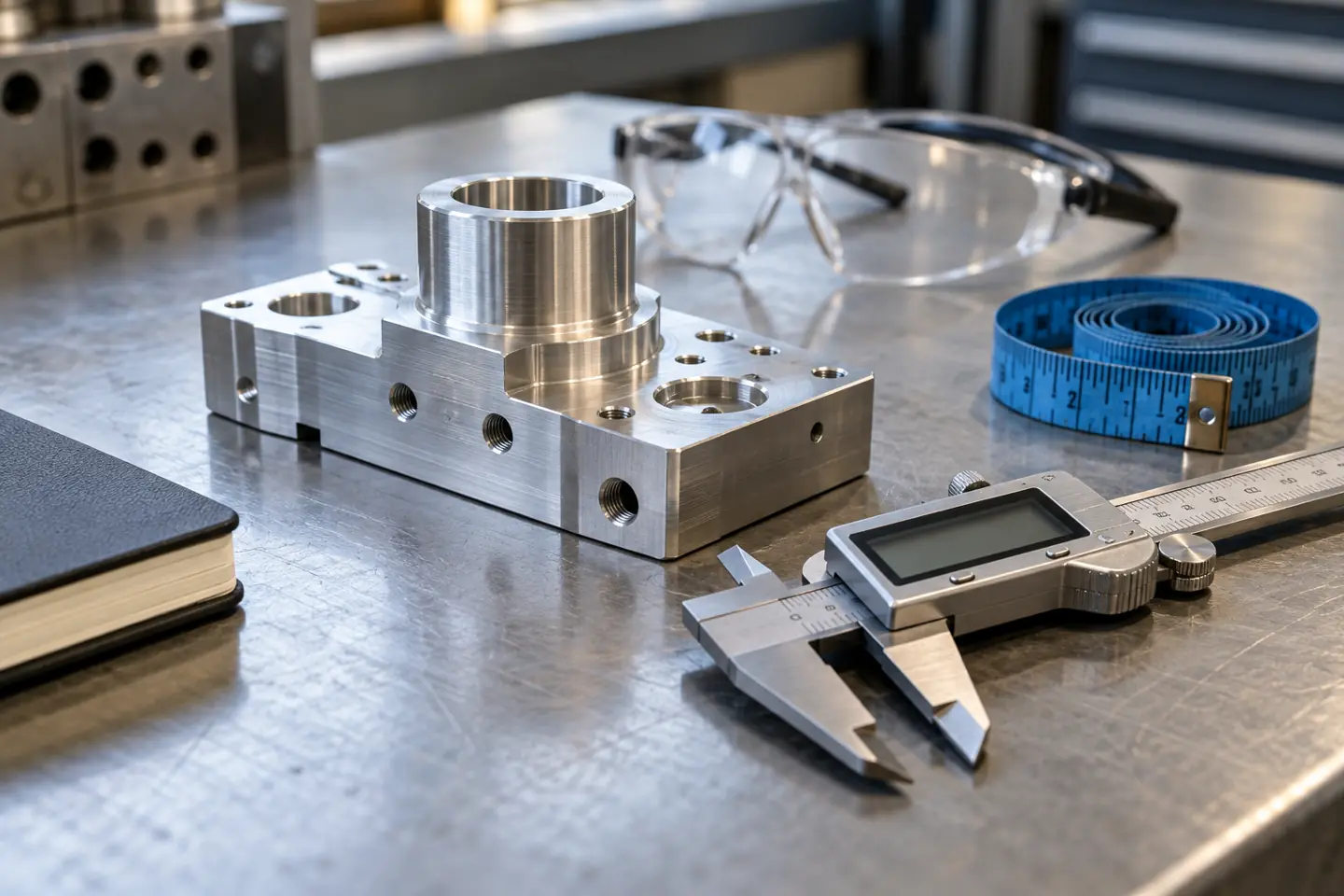 Precision caliper, machined metal component, and safety glasses on a training bench