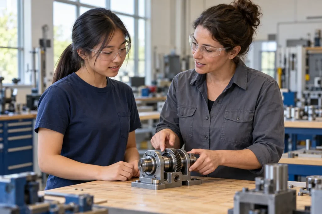 Student and instructor discussing apprenticeship questions in a technical training lab