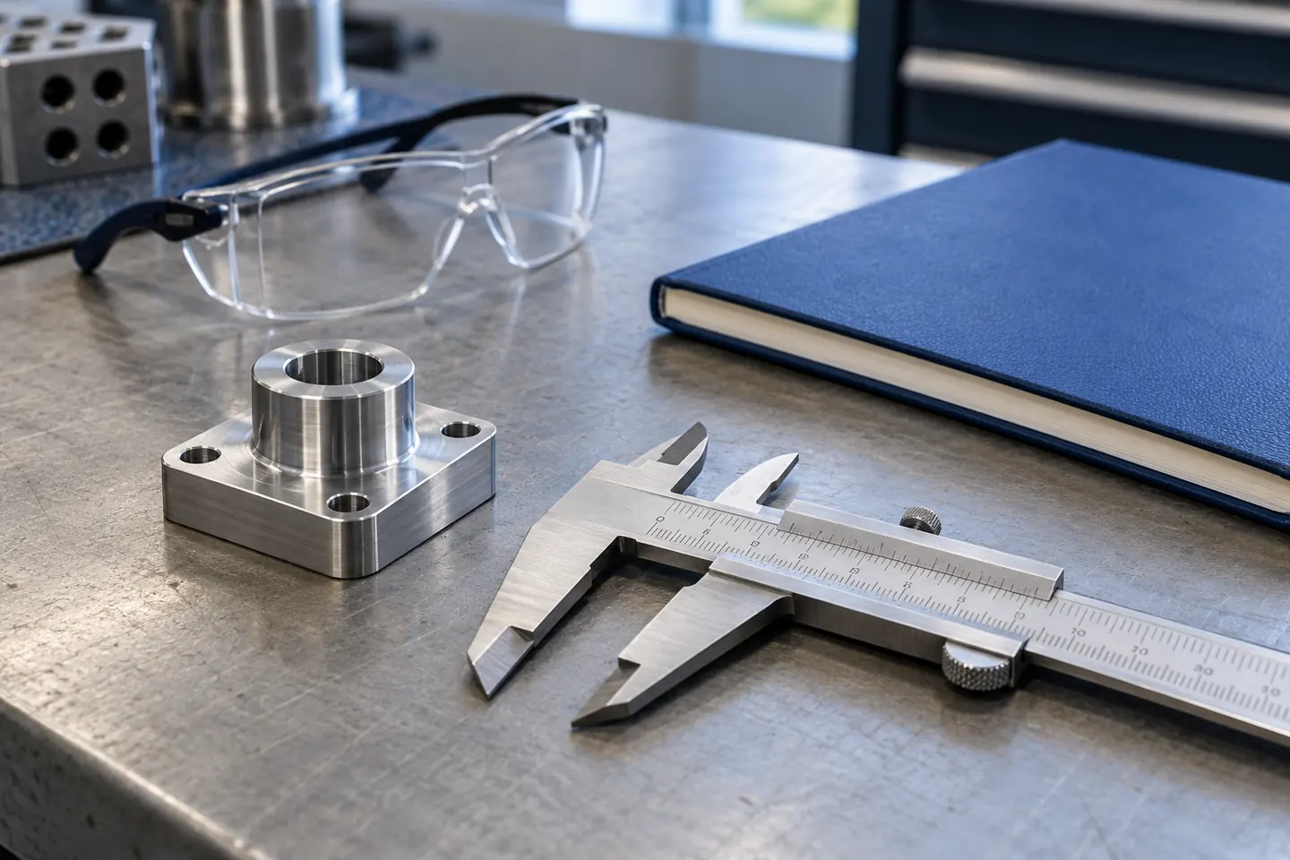 Caliper, machined part and safety glasses for exploring apprenticeship questions