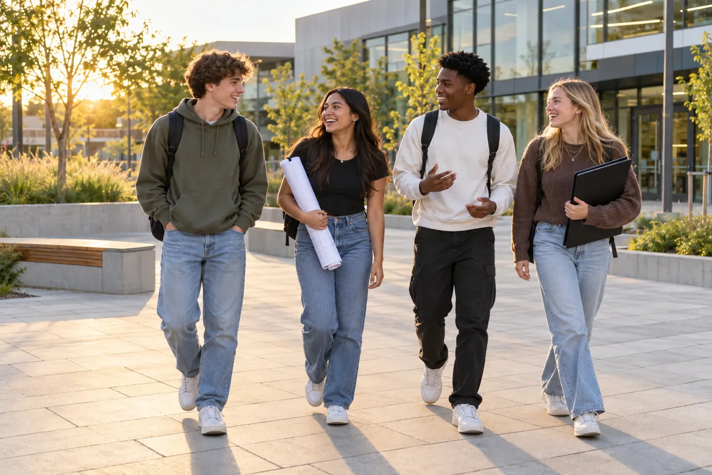 Happy group of four young people outside a technical training center