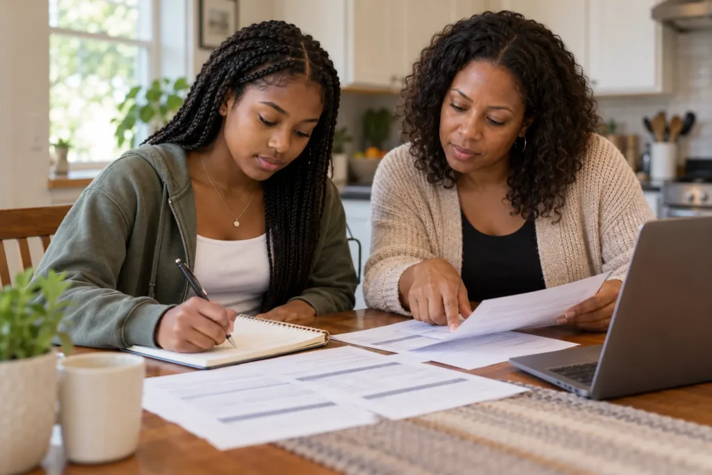 Teen and mother reviewing bank account basics and writing questions at home