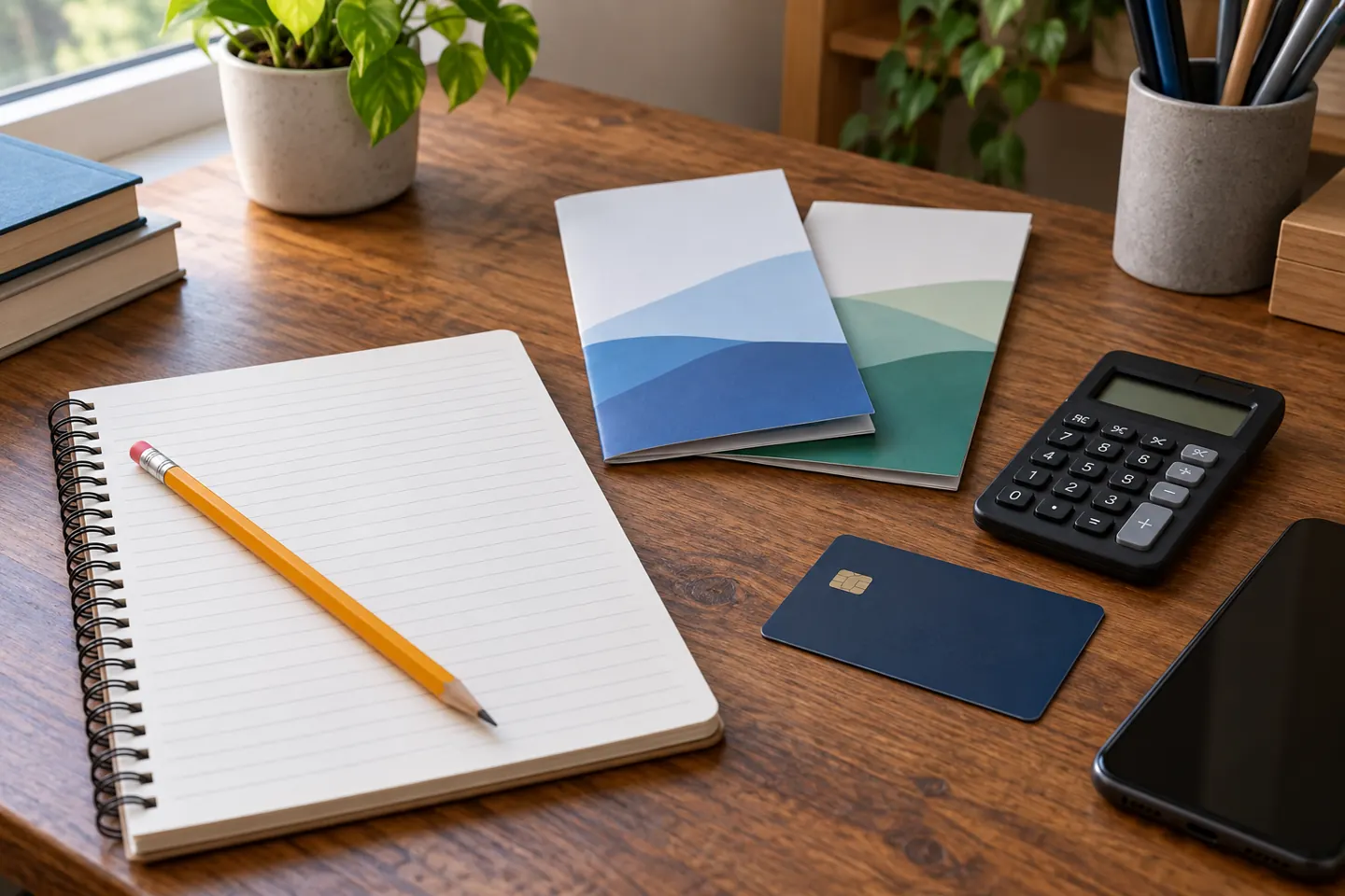 Notebook, account brochures, calculator and unmarked card for bank account basics planning