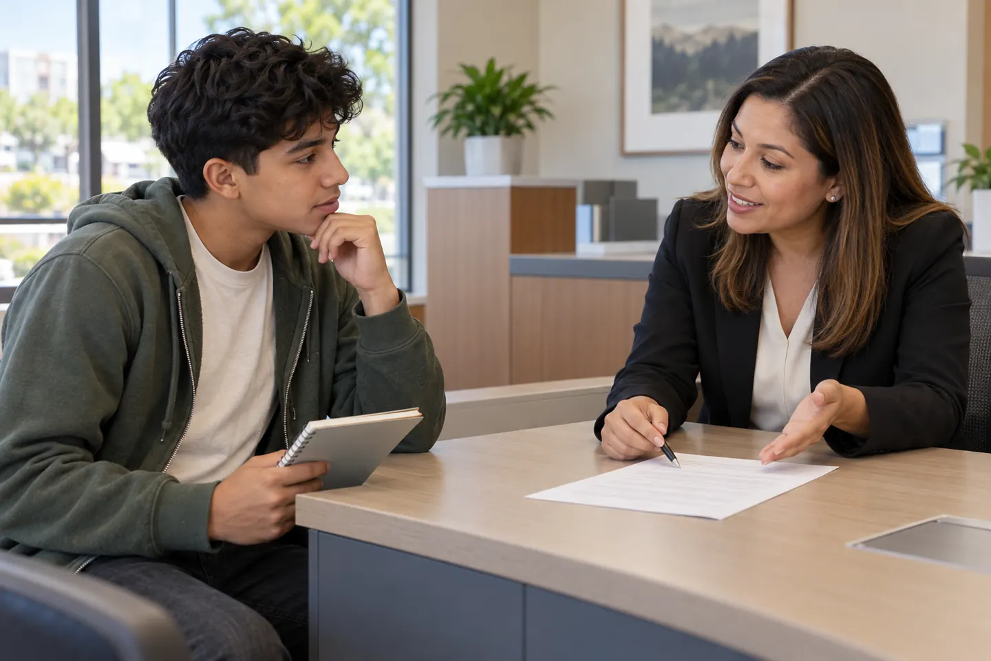 Teen asking a bank employee about account terms before college
