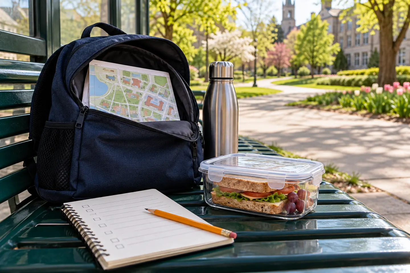 Daypack, campus map, packed lunch and notebook for an affordable college visit with no people