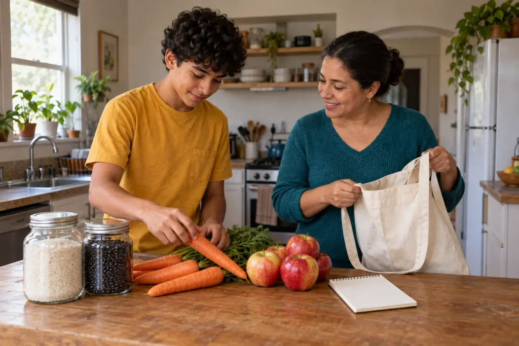 Teen and parent planning ingredients for an at-home budgeting activity
