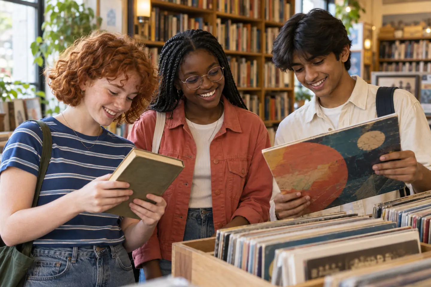 Three happy teens comparing books and records in a public secondhand shop