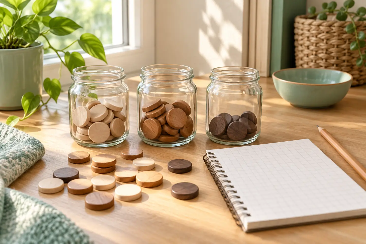Wooden counting tokens in three jars beside a notebook for budgeting activities